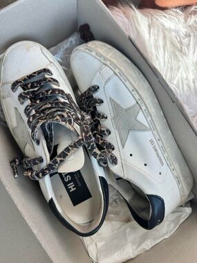 Golden Goose White Leather Sneakers with Gray Star and Leopard Laces
